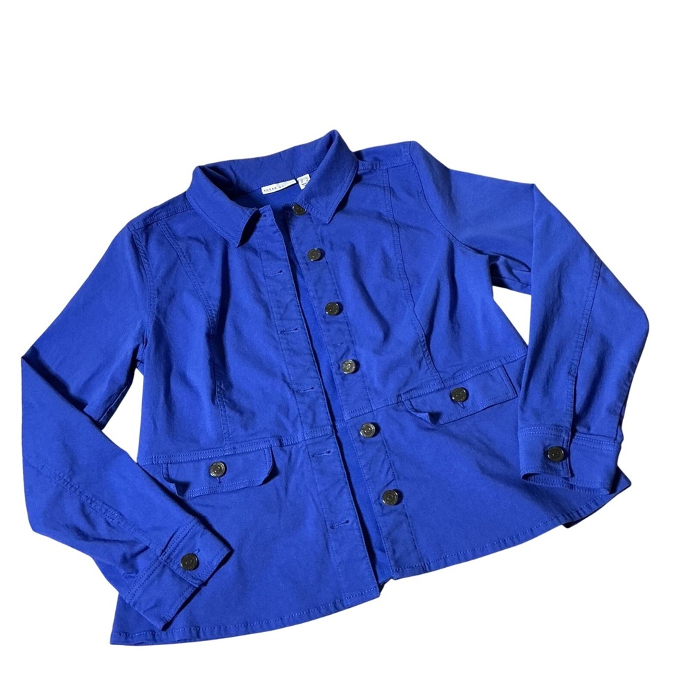 Susan Graver Weekend Stretch Button Front Jacket Womens L Blue Utility Workwear